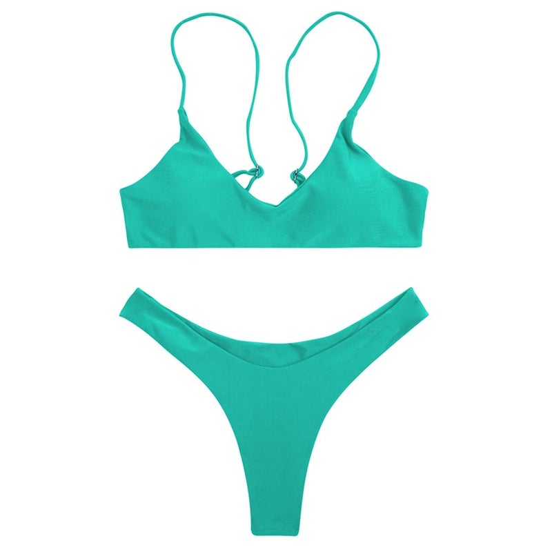 SherryDC Women's Solid Scoop Neck Push up Padded Brazilian Thong Bikini Swimsuit Lake Green,M - Image 2